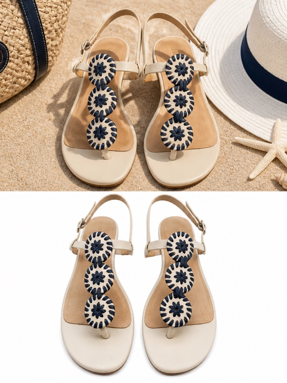 Jack Rogers Navajo Medallion Sandals Cream Navy Leather Size 9.5 - Picture 3 of 6